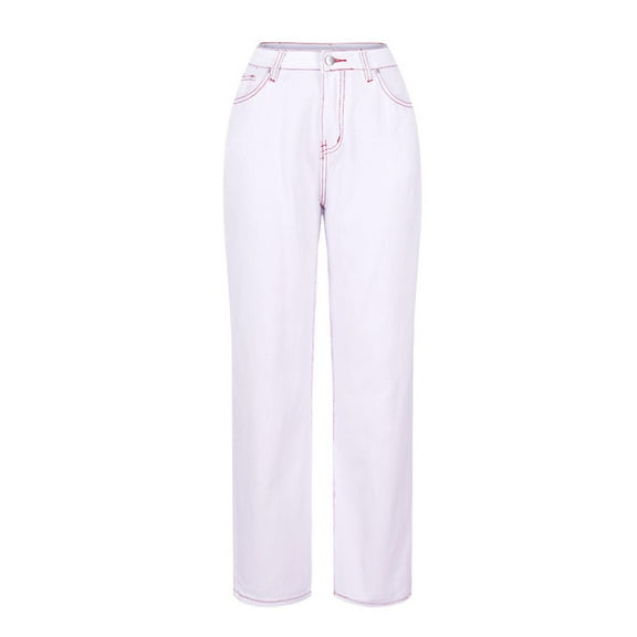 Kojanyu Mid-Rise Classic Blue Jeans - Women's Jeans Fashion Middle-waisted Straight Pocket Hole Long Pants Straight Leg Women's Jeans