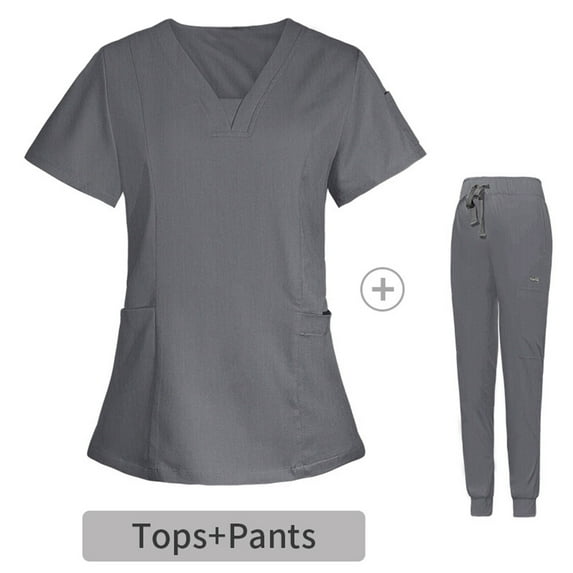Lulshou Solid Color Nursing Uniform with Utility Pockets Women's Short Sleeved Fashionable Pocket V-neck Protective Work Clothes Short Sleeved V-neck Top/shirt Set