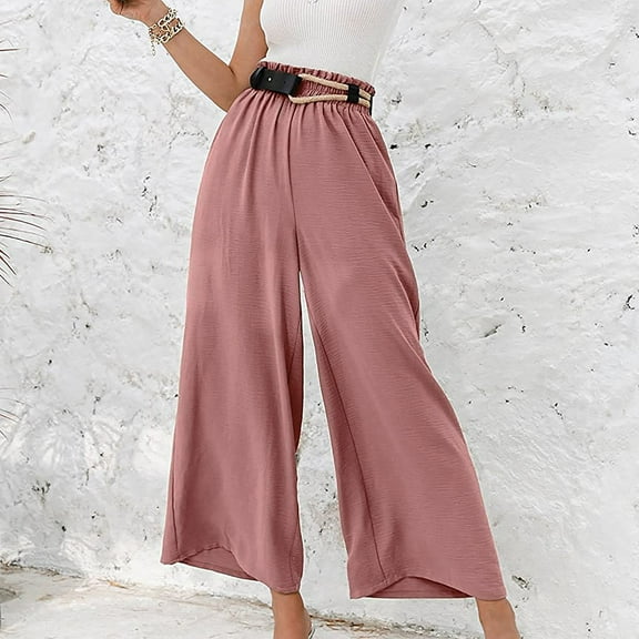 HWRETIE Women's Casual Linen Wide Leg Pants,Elastic Waist Drawstring Solid Color Lightweight Summer Trousers Work,Travel or Daily Wear