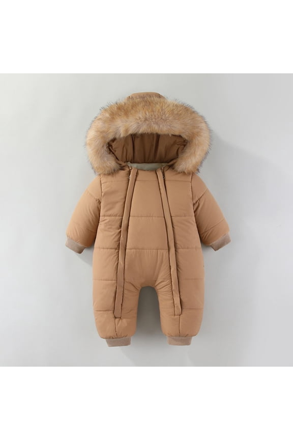 Winter Romper for Baby Boys Girls Warm Down Jumpsuit Double Zip Hooded Jacket Thicken Coat Snowsuit Coffee 18-24 Months