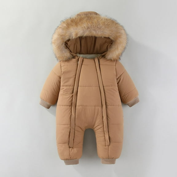 Winter Romper for Baby Boys Girls Warm Down Jumpsuit Double Zip Hooded Jacket Thicken Coat Snowsuit Coffee 6-9 Months
