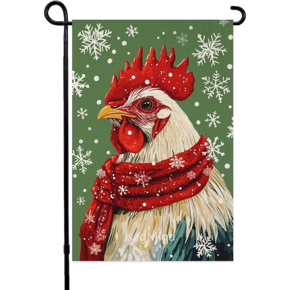 Winter Rooster Garden Flag 12x18 Inch Double Sided for Outside Small Welcome Burlap Holiday Yard Decoration Rooster Yard Flag (5963)