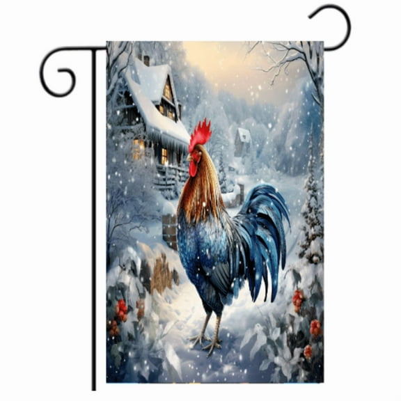 Winter Rooster Garden Flag 12x18 - Single Sided Snowy Farmhouse