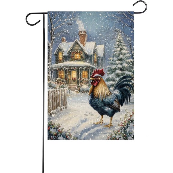 Winter Rooster Garden Flag, Double Sided Christmas Garden Flag 12x18, Rooster Holiday Winter Flags for Outside, Funny Welcome Garden Flag (9853)
