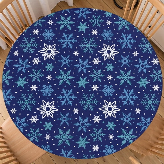 Winter Round Fitted Tablecloth with Elastic for 40-44 Inch Tables Dark Blue Christmas Holiday Theme Print Snowflake Fitted Table Cover Waterproof Farmhouse Indoor Outdoor Patio Picnic Party
