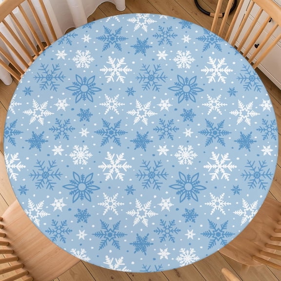 Winter Round Fitted Tablecloth with Elastic for 44-48 Inch Tables Light Blue Christmas Holiday Theme Print Snowflake Fitted Table Cover Waterproof Farmhouse Indoor Outdoor Patio Picnic Party