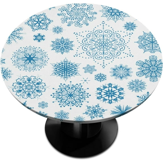 Winter Round Fitted Tablecloth with Elastic, Blue Snowflakes Round Table Cloth Christmas Fitted Tablecloth 36"-42" Waterproof Table Cover for Dining Room Kitchen Patio Restaurant Use