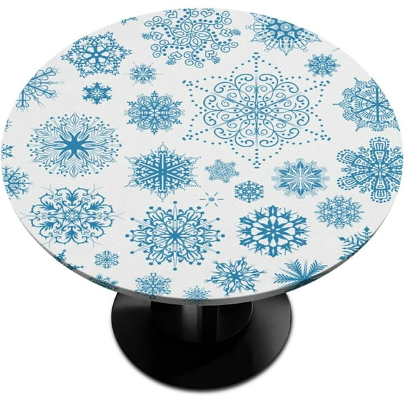 Winter Round Fitted Tablecloth with Elastic, Blue Snowflakes Round Table Cloth Christmas Fitted Tablecloth 36"-42" Waterproof Table Cover for Dining Room Kitchen Patio Restaurant Use