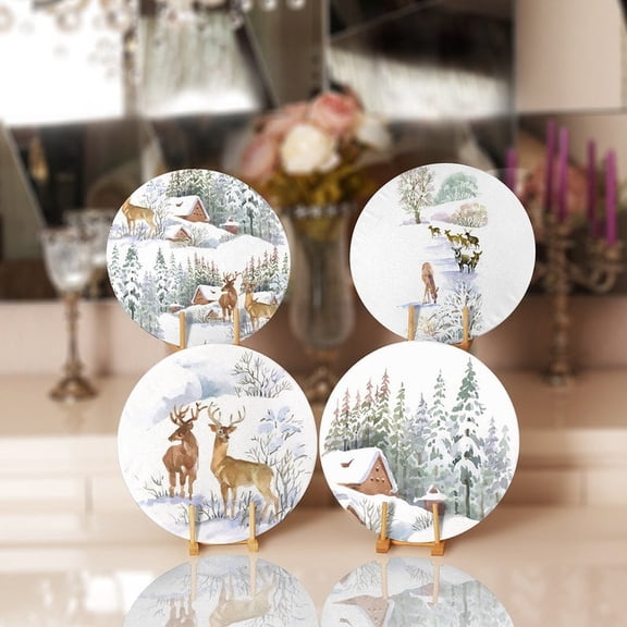 Winter Round Placemat (Set of 4), Snowy Table Mat, Deer Print Tablemat, Washable Placemat, Round Dining Tablemats, Farmhouse Decor, Kitchen Decor