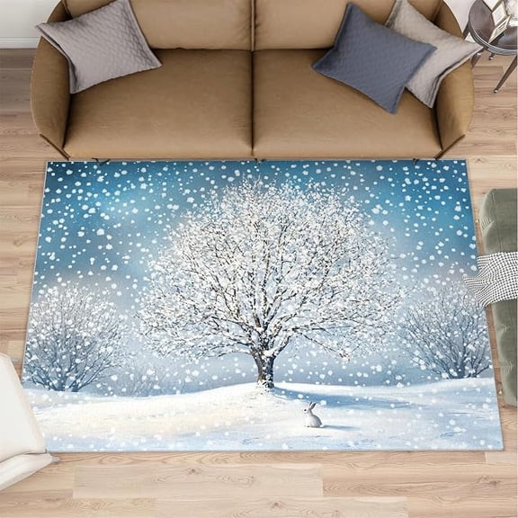 Winter Rug, Snow Scene Rugs for Living Room, Forest Carpet, Soft & Non Slip & Washable Rugs for Bedroom 1x2ft