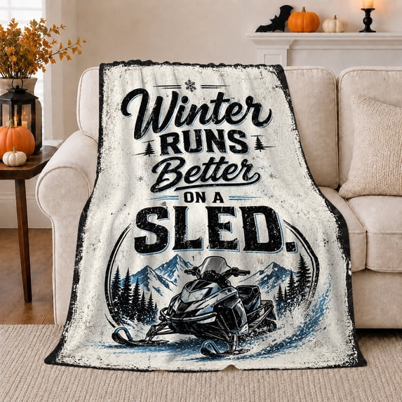 Winter Runs Better Snowmobile Adventure, Festive Festive Scene, Warm Flannel Blanket for Cabin and Lodge with Detailed Artwork, Art Lovers Housewarming Gift, Festive Home Decor