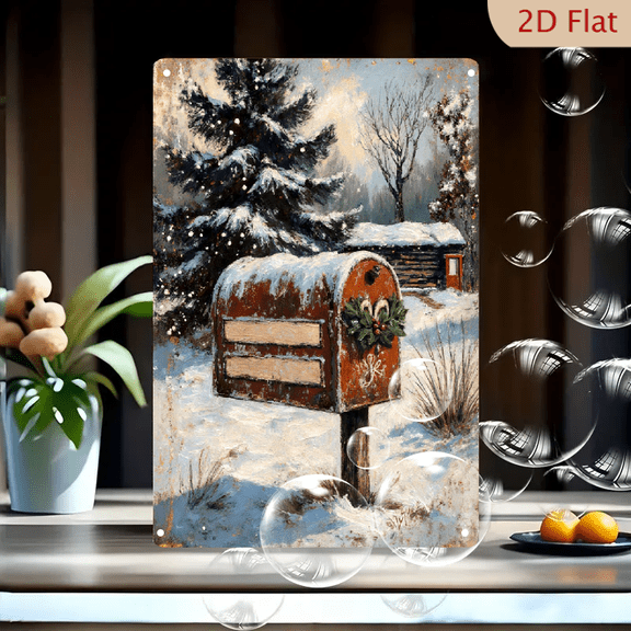 Winter Rustic Mailbox Wall Art, 8x12 Inch Metal Tin Sign, Snowy Holiday Scene with Holly Wreath and Evergreen Trees, Weathered Red Barn Style Christmas Decor for Home Farmhouse