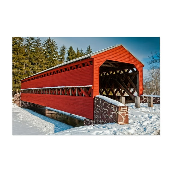 Winter At Sachs Covered Bridge - Gettysburg Pennsylvania Photography Bridge Winter Snow Rustic Architecture Scenic Rural Unframed Wall Art Print 40 x 60 inches