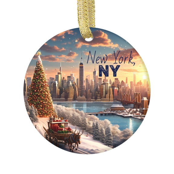 Winter Santa Sleigh NY, New York City Empire State Building Skyline NYC Manhattan USA Travel Memory Souvenir Landmark Vacation Keepsake Ceramic Christmas Ornament Xmas Holiday Tree Gift