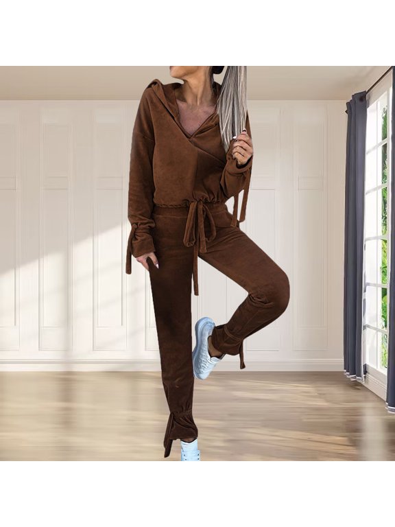 Winter Save Big! Kiplyki Women's Gym Sport Suit Fashionable Color Hooded Sweater Gold Velvet Sports Casual Pants Set