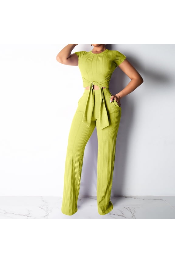 Winter Save Big! Kiplyki Women's Gym Sport Suit Solid Color Stripe Casual Sports Tie Short Sleeved Pants Set