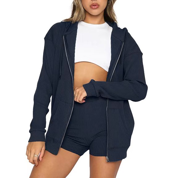 Winter Save Big! Kiplyki Women's Gym Sport Suit Solid Color Zipper Cardigan Long Sleeve Hooded Sweater Shorts Set
