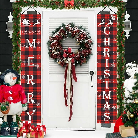 Merry Christmas Decorations Banner, Niyattn Christmas Porch Sign Red Plaid Hanging Banners for Indoor Outdoor Front Door Wall Xmas