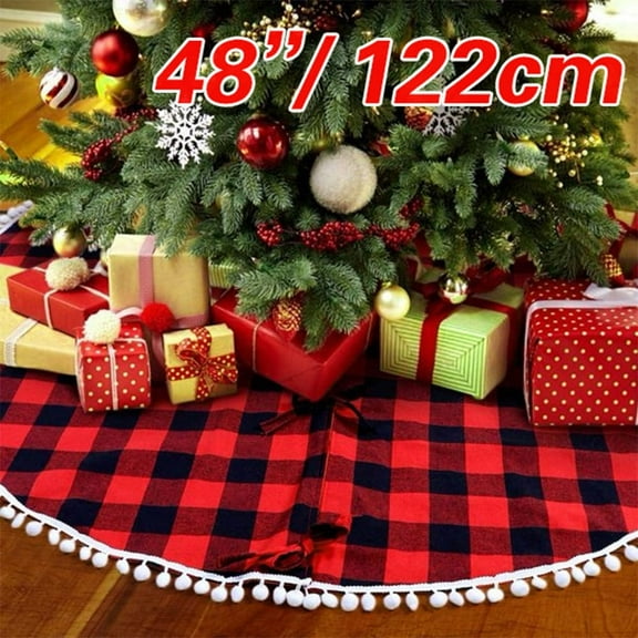 Winter Saving Christmas Tree Skirt, Tgnazet 48 Inch Red and Black Buffalo Plaid Tree Skirt with Pom Pom Trim for Holiday Christmas Decorations, Double Layers Xmas Tree Skirt