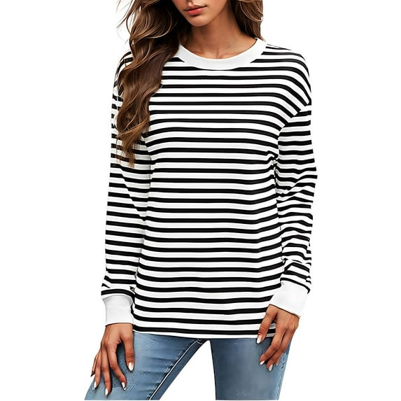 Winter Saving 2025 QUINDOS Women Shirts Long Sleeve Striped Winter Tops for Women Striped Classic Fit Casual Crew Neck Tops