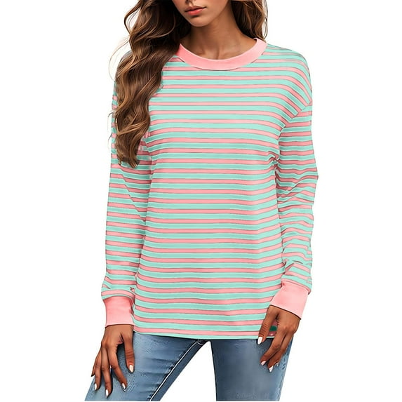 Winter Saving 2025 QUINDOS Women Shirts Striped Long Sleeve Plus Size Womens Tops Relaxed Fit Crew Neck Striped Casual Tops