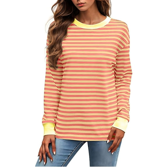 Winter Saving 2025 QUINDOS Womens Shirts Long Sleeve Striped Womens Tops Crew Neck Loose Fit Casual Striped Tops