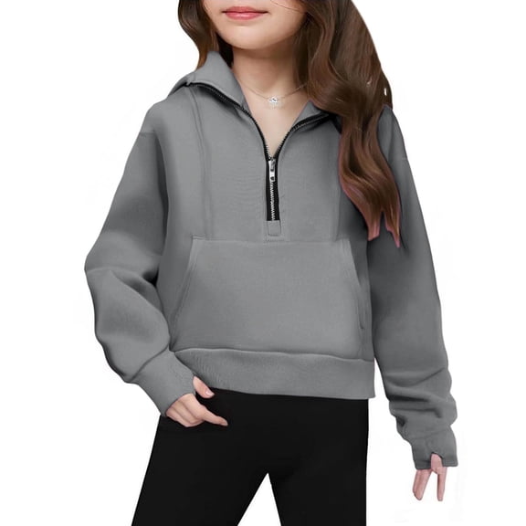 Kukoosong Girls Long Sleeve Hoodies Toddler Girl Fall Clothes V Neck Plain Hooded Fall Baby Girl Clothes Half Zip Pullover Tops for 5 Years