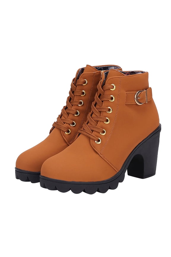 Winter Suokom Ankle Boots for Women, Women's Booties Round Toe Mid Heel Block Heel Lace Up Side Zipper Fashion Casual Pure Color Flock, Shoes Boots for Women Girls Gifts