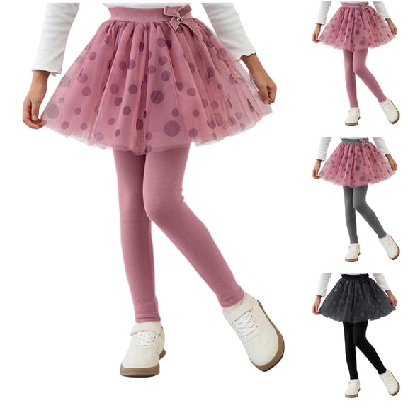 HVOBTTY Toddler Slim Leg Skirts Pants, Fall Long Pants for Girl, Girls Casual Print Bowknot Mesh Polka Print Faux Two Piece Warm Skirt Pants Black, 2-3 Years