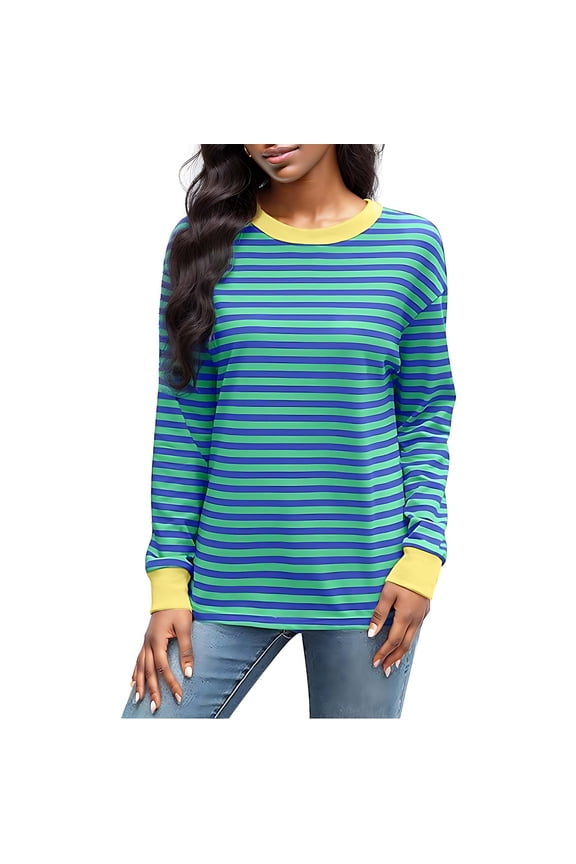 Winter Saving!QUINDOS Striped Women Tshirts Long Sleeve Tops for Women 2024 Regular Fit Crew Neck Striped Casual Tops