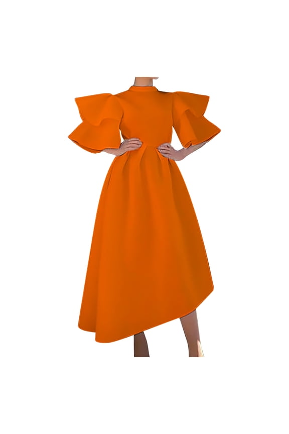 Winter Saving Wedding Guest Dresses for Women Formal Solid Round Neck Three-quarter Sleeve Large Skirt Hem Dress