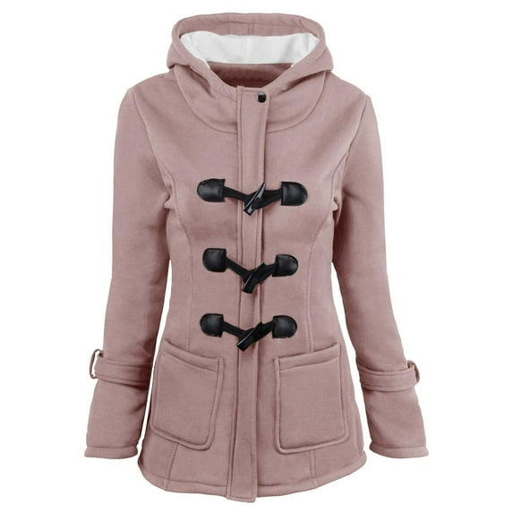 Winter Saving Winter Coats for Women Women Color Horn Buttons Cardigan Padded Hooded Coat Jacket Overcoat