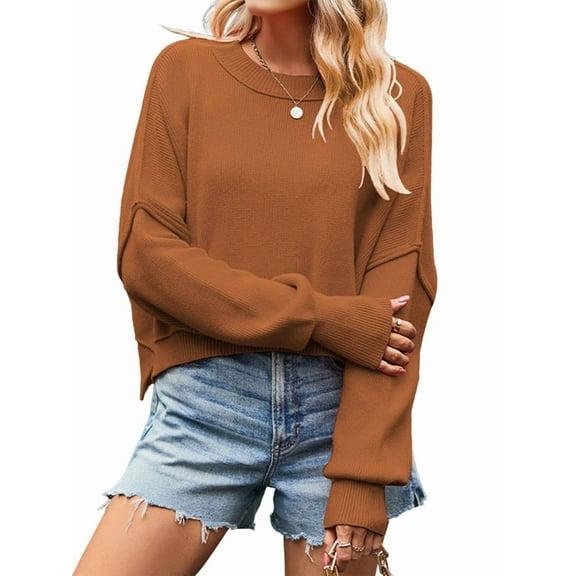 Women'S Short Batwing Hoodie 2025 Fall Outfits Trendy Crewneck Side Slit Fashion Pullover Tops Coffee Color S