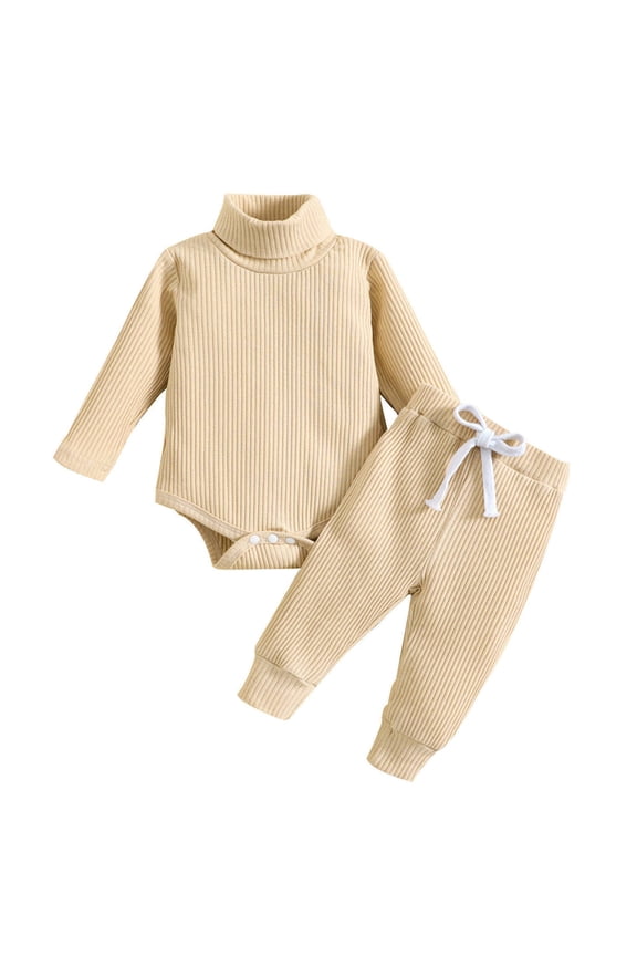 Yievot Fall Winter High Neck Bodysuit Outfits for Kids Long Sleeve Solid Sleepwear Streetwear Soft Toddler Baby Girls Pajamas Set 0-24 Months