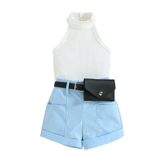 Winter Saving! Yievot Toddler Girls Summer Outfits Sleeveless Rib Knit Halter Tops Shorts with Waist Bag Set Newborn Girl's Clothes 6 Months-3 Years 2024 Summer Toddler Outfits on Clearance