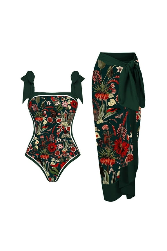 Yievot Womens Sexy 2 Piece Plus Size Swimsuits Monokini with Chiffon Long Skirt Lace Up Swim Wear Retro Printed Ruched Bathing Suit For Women 2025 Summer Holiday