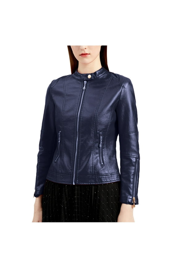 Winter Fashion Olyvenn Women's Faux Leather Stand Collar Long Sleeve Zipper Biker Slim Fit Short PU Leather Jacket with Zipper Pockets Navy 8