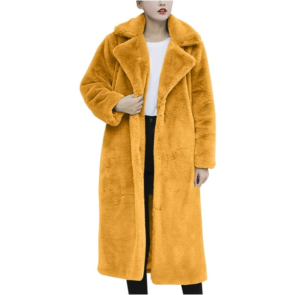 Winter Fashion Olyvenn Women's Winter Long Bear Fluffy Oversized Faux Fur Warm Fuzzy Notch Lapel Pockets Outerwear Coat Yellow 12