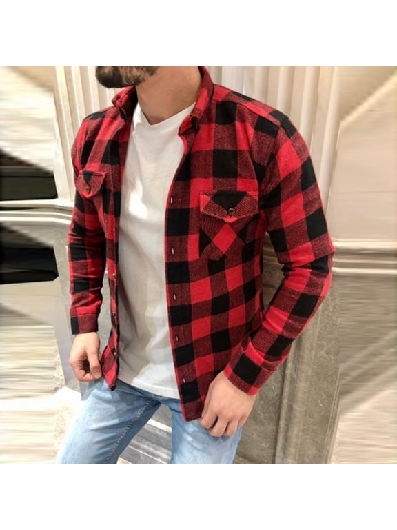 Men's Thick Warm Flannel Plaid Shirts Fall Winter Long Sleeve Button Down Coat Casual Shacket Jackets Outwear with Pockets