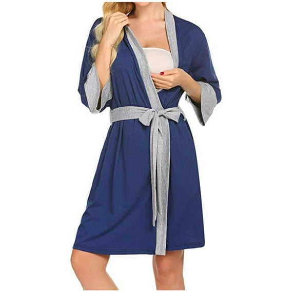 Winter Savings,Abomasnow Robes for Women Lightweight 3/4 Sleeve Color Blocking Ribbed Nightgown Soft Knit Knee Length Kimono Bathrobe S-XXL