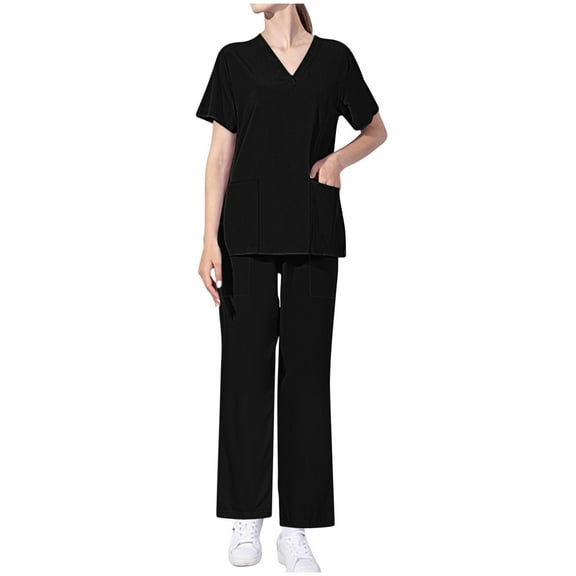 Ahuyic Scrubs for Women Set V Neck Comfortable and Professional Scrubs Uniform Black L