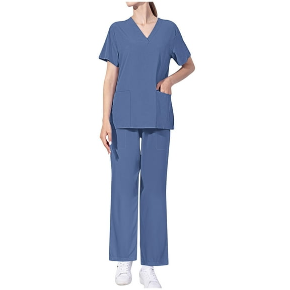 Ahuyic Scrubs for Women Set V Neck Comfortable and Professional Scrubs Uniform Blue B XL