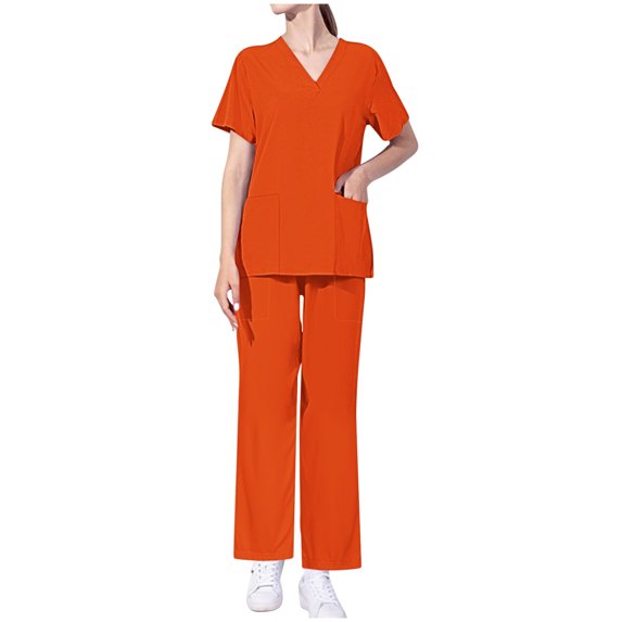 Winter Savings! Ahuyic Scrubs for Women Set V Neck Comfortable and Professional Scrubs Uniform Orange A XXL