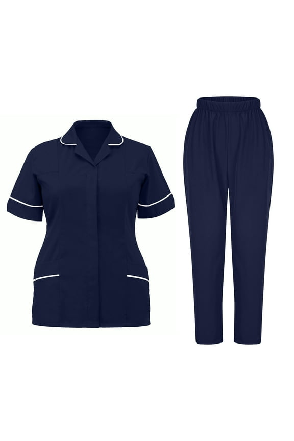 Womens Scrubs Set Nurse Uniform Jogger Suit V-Neck Scrubs Top and Pants with Pocket for Nurse Workwear Medical Uniform Navy S