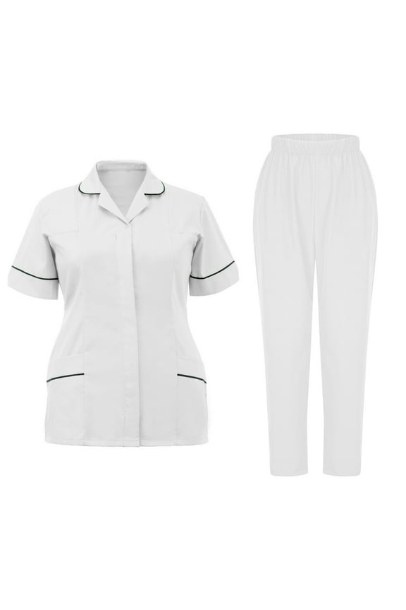 Womens Scrubs Set Nurse Uniform Jogger Suit V-Neck Scrubs Top and Pants with Pocket for Nurse Workwear Medical Uniform White L