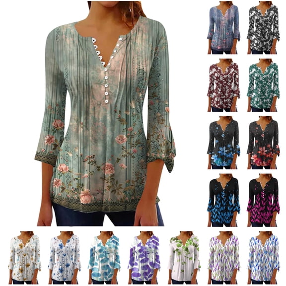 BiZtdJrK Women's 3/4 Sleeve Tunic Tops Fashion Floral Printed Henley Shirts Casual Dressy V Neck Button Up Blouses Loose Ruched Flowy Pullover Hot Pink XL