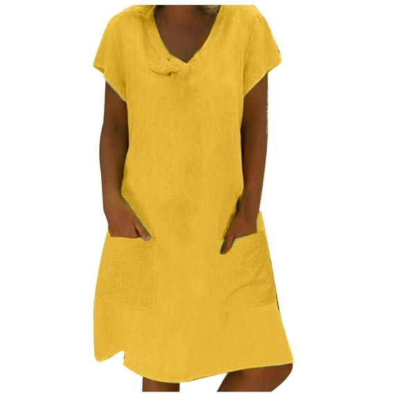 Winter Savings Clearance under 10.00 LYXSSBYX Womens Summer Dresses Midi Clearance Womens Spring and Summer V-Neck Solid Cotton and Linen Casual Pocket Short Sleeved Dress