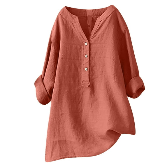 Lindreshi Plus Size Womens Shirts Women's V-Neck Long Sleeve Loose Button Cotton and Linen Tunic Summer Blouse