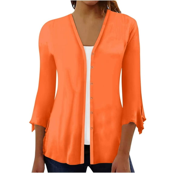 Summer Savings Clearance! AKAFMK Cardigan Sweaters for Women Lightweight,Solid Puff Sleeve Cardigan Loose Cover Up Blouse Tops 3/4 Sleeve Ruffle Open Front Button Cardigan Orange