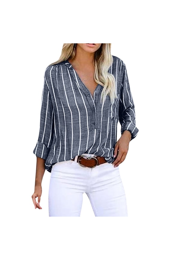 SROBPTY Blouses for Women, Plus Size Casual Button-Down Shirts V Neck Roll Up Cuffed Long Sleeve Striped with Pockets, Summer Fall Womens Tunic Tops Blouses Tees Shirts